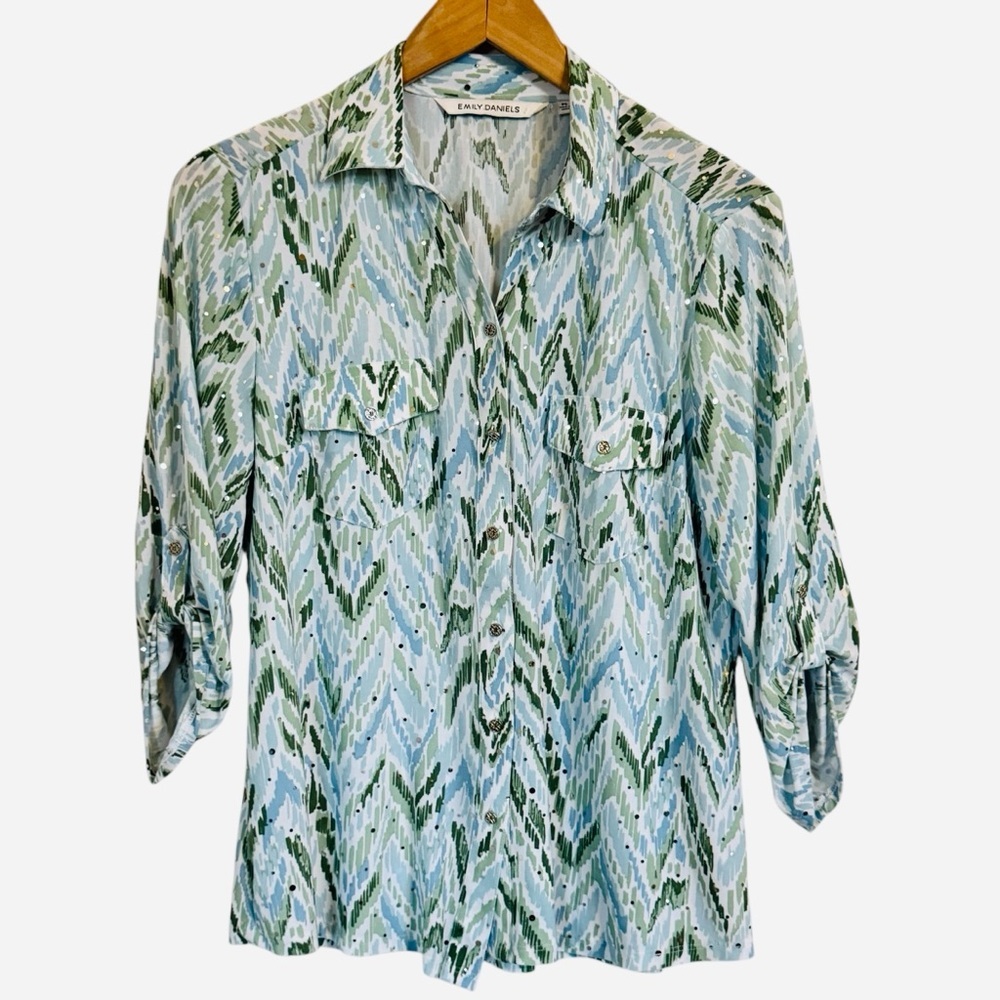 Emily Daniels Glitter Button-Up Blouse Ikat Print Roll Tab Sleeves Size PS